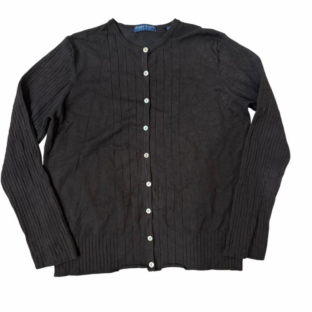 Karen Scott Black ribbed knit cardigan with button-up front and long sleeves